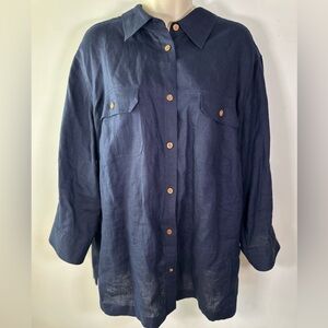 Lauren Ralph Lauren 100% Linen Navy Button-Up Shirt - Size 2X